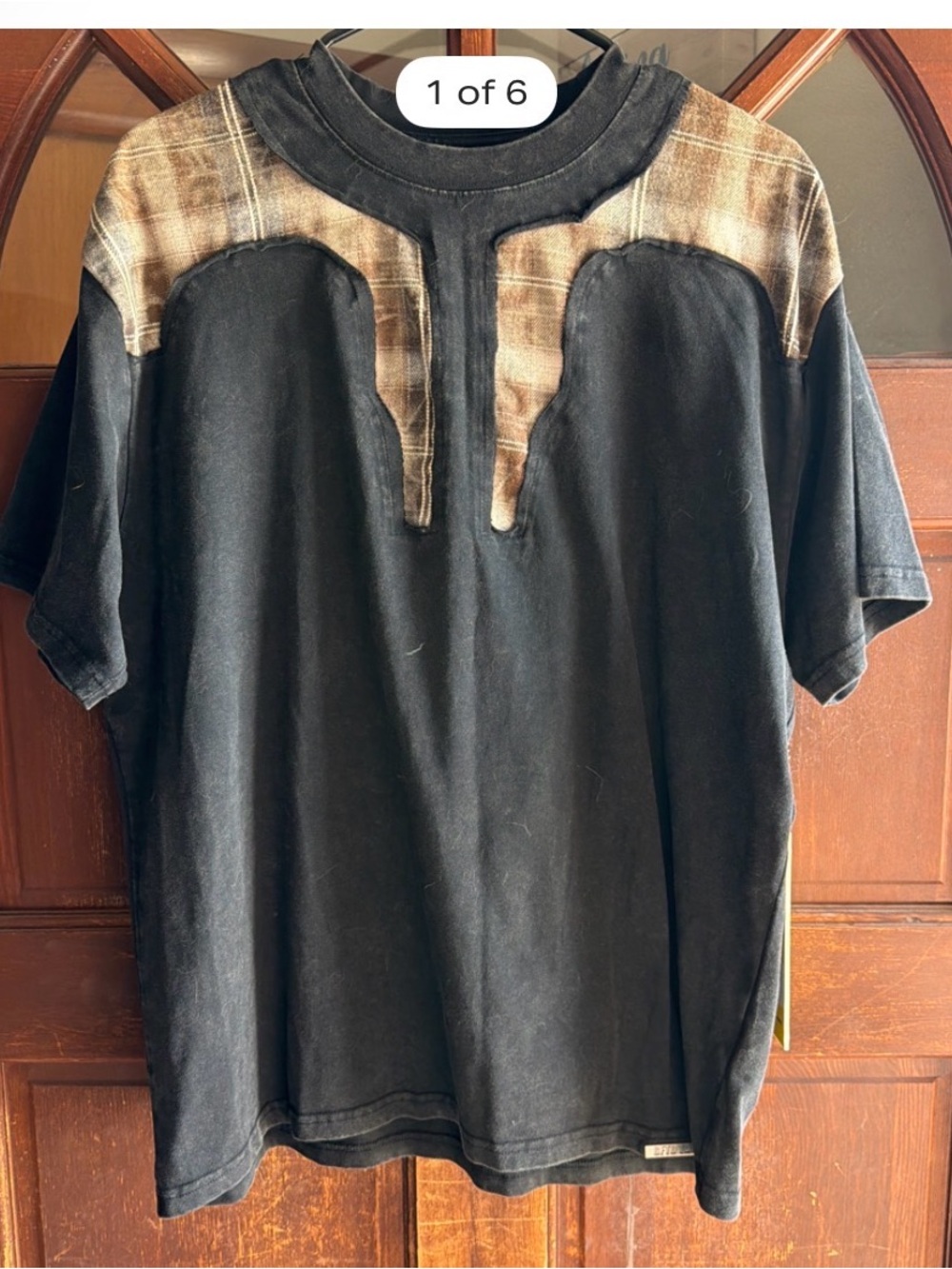 Men's Black Short-Sleeve Shirt with Brown Plaid Yoke Detail